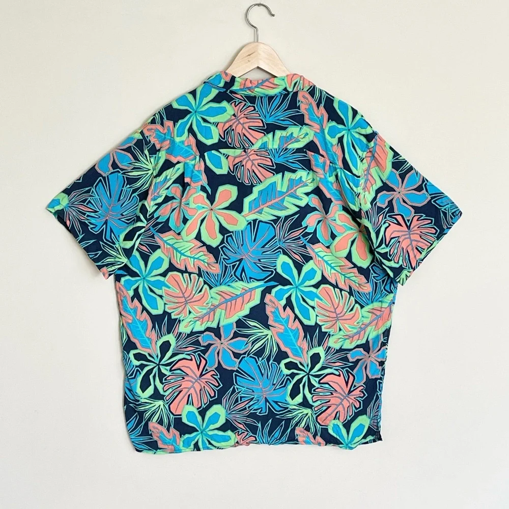 Party Pants Neon Palm Leaf Tropical Hawaiian Button Down Shirt Men’s size Large
